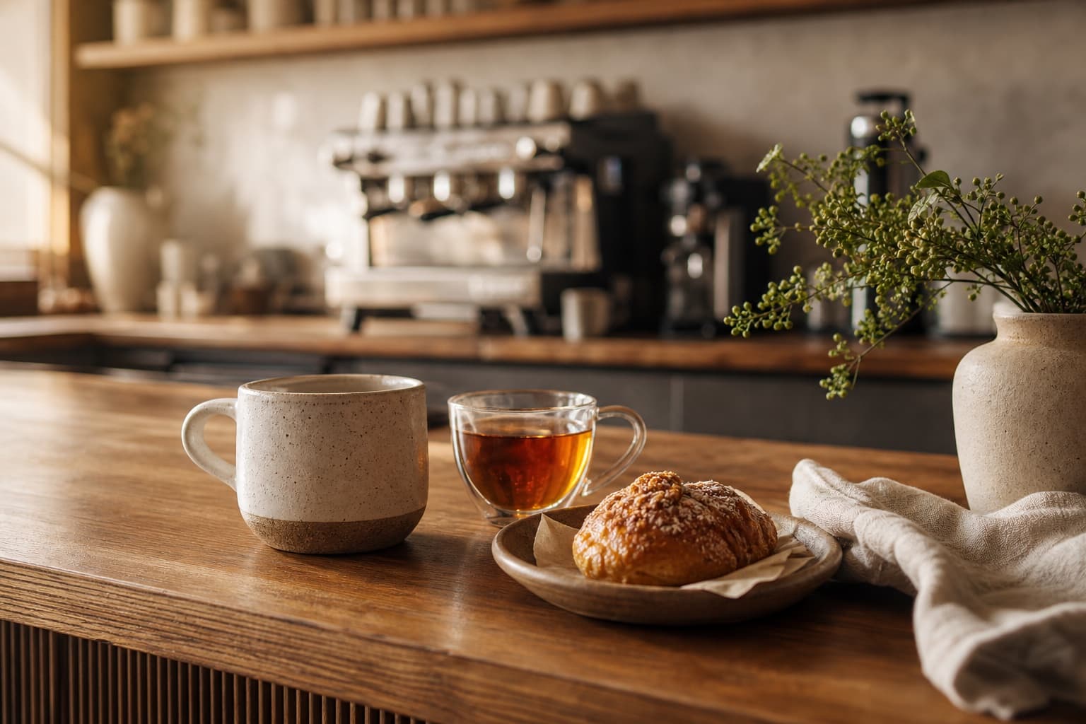 A warm independent coffee shop counter with coffee, tea, a pastry, natural linen, and ceramic tableware.