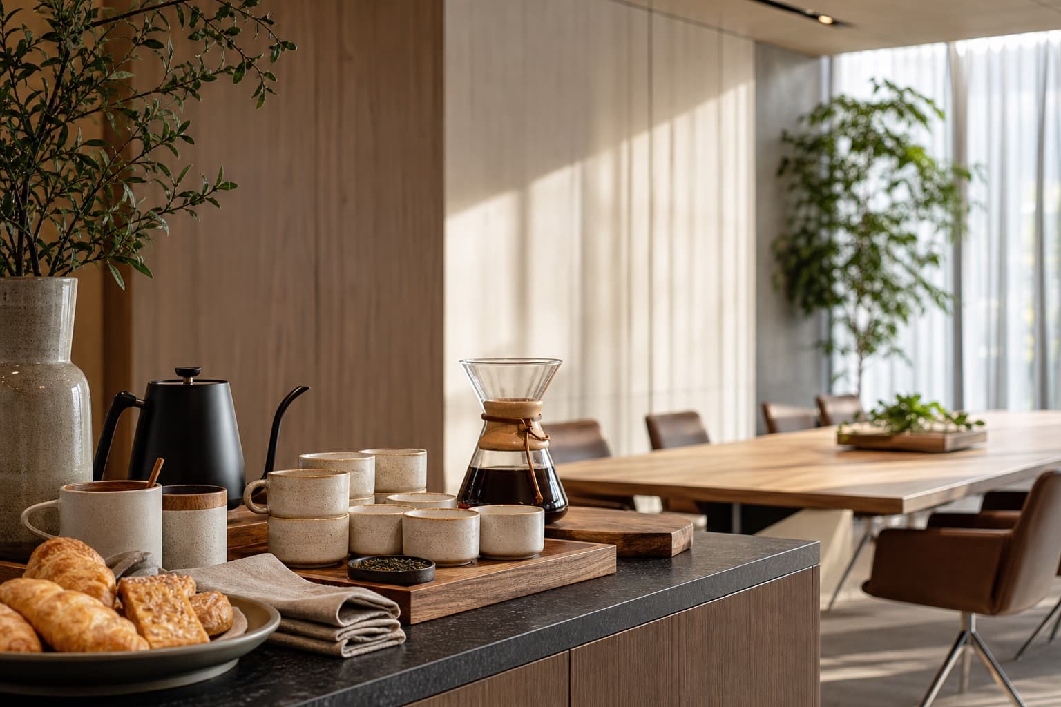 A modern executive meeting room with a warm coffee service, pastries, ceramic cups, wood, and stone details.