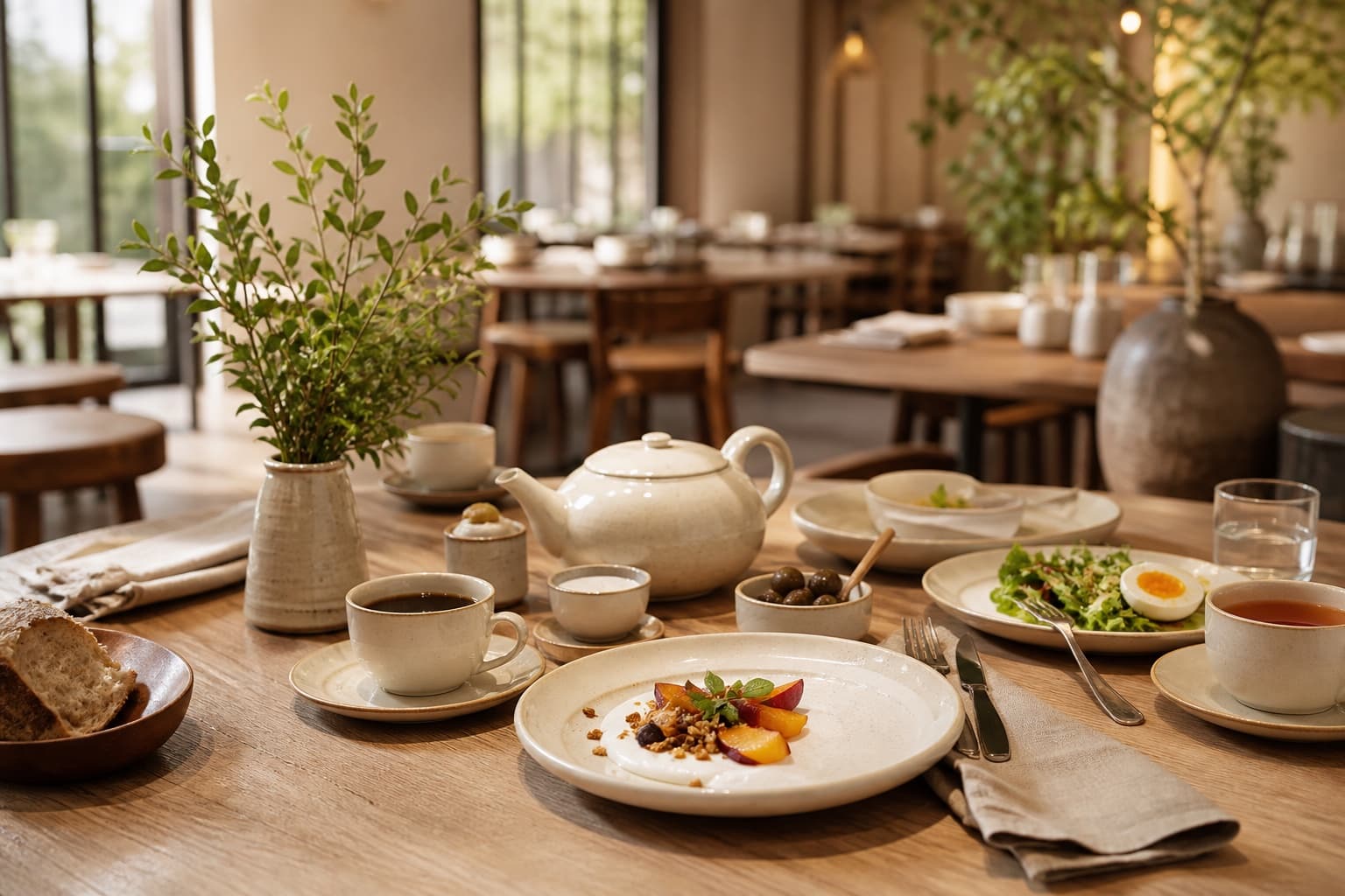 A refined restaurant brunch table with coffee, tea, bread, seasonal food, and neutral tableware.